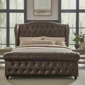 winged sleigh bed's leather upholstery