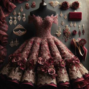 burgundy quinceañera dress, consider coordinating the color of your bouquet and decorations for a cohesive look.