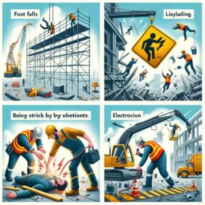 Construction site accidents encompass a range of incidents, including falls, being struck by objects, electrocution, and caught-in/between situations.
