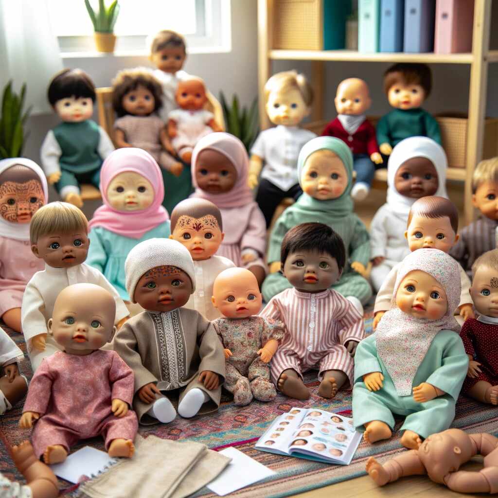 Baby dolls representing Down syndrome feature specific physical characteristics such as almond-shaped eyes, a slightly protruding tongue, and a flatter nasal bridge.